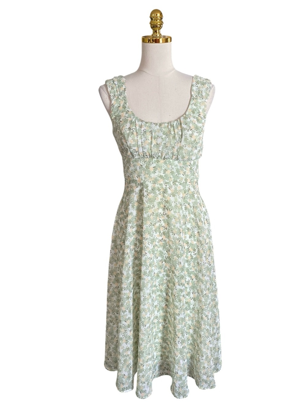 Y2K Sleeveless Fairycore Whimsical Earthy Leaves Green Flowy Midi Dress Size 6